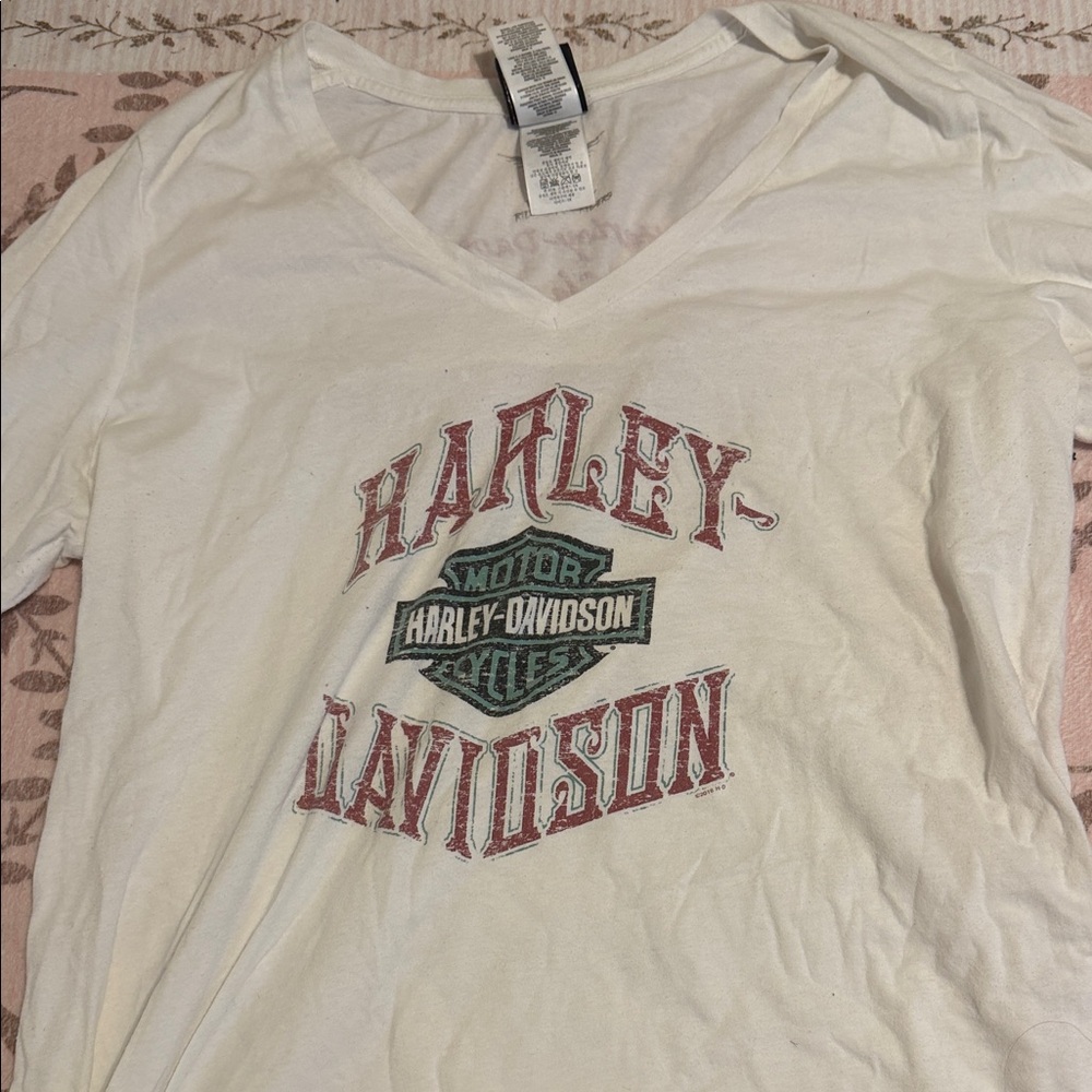 Harley-Davidson White V-Neck Tee with Red and Green Logo